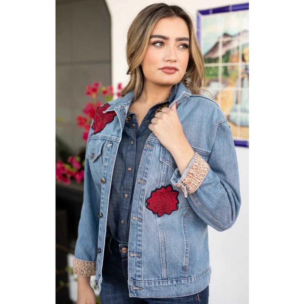 ARIAT Rodeo Quincy Trucker Denim Jacket Western Rose Applique Women's XLarge NEW - Picture 4 of 9